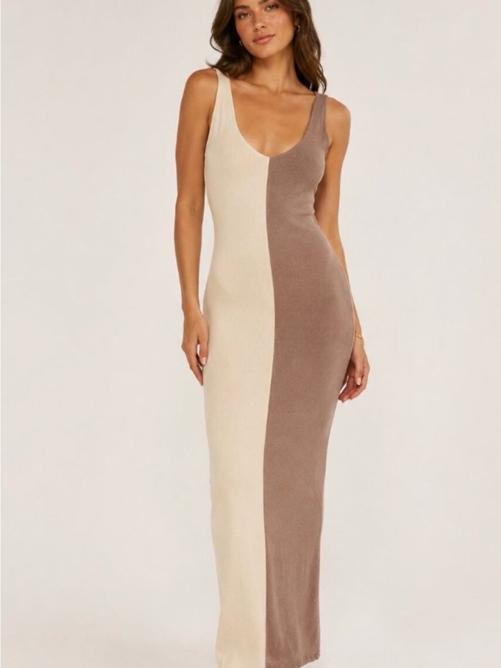 Meshki Two-Tone Knit Maxi Dress in Cream and Brown